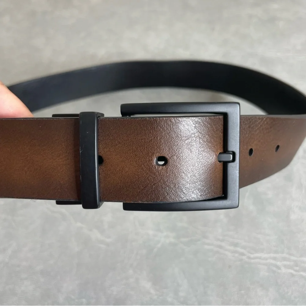 Men's Reversible Black/Brown Faux Leather Belt with Black Hardware
